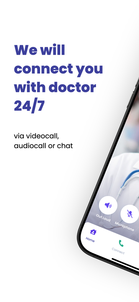 MEDDI app interface showing 24/7 healthcare access via video call audio call or chat