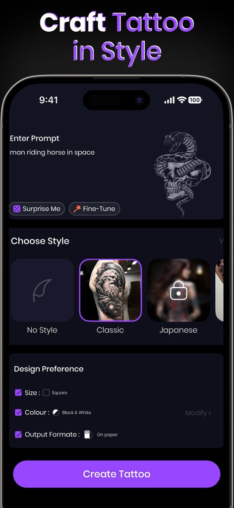 Ink Ai Tattoo Design Generator - Ink Ai Tattoo Design Generator app interface showing a prompt for man riding horse in space and tattoo style selections