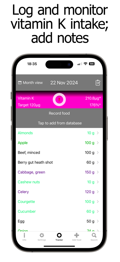 Vitamin K Counter & Tracker - The tracker screen of the Vitamin K Counter app showing a list of logged foods and daily vitamin K intake levels