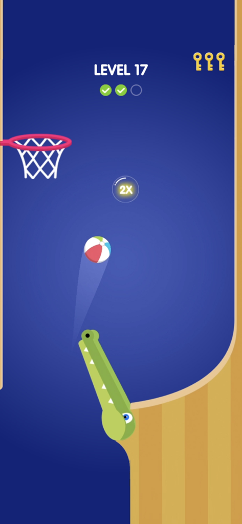 Flipper Dunk - Gameplay de Flipper Dunk mostrando um fliper de crocodilo acertando uma bola em direção a uma cesta de basquete no nível 17