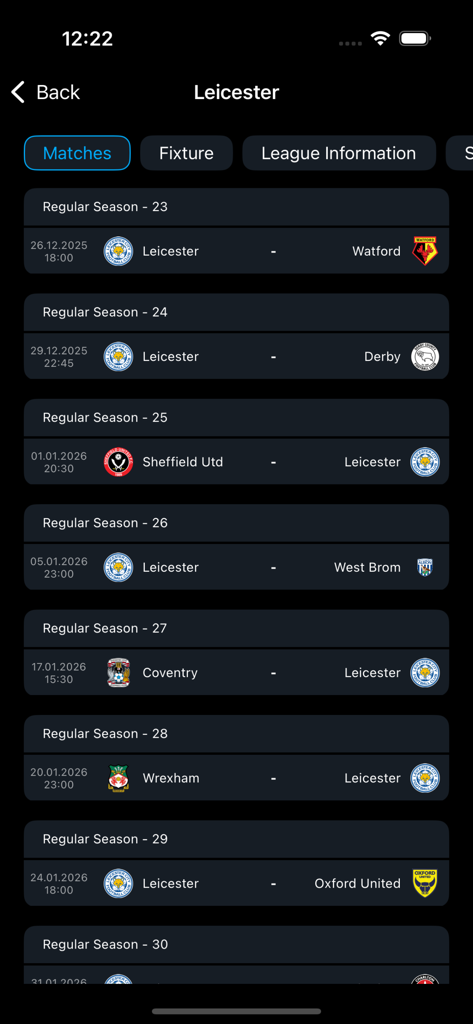 Which Win - Which Win app interface showing upcoming soccer match fixtures for Leicester