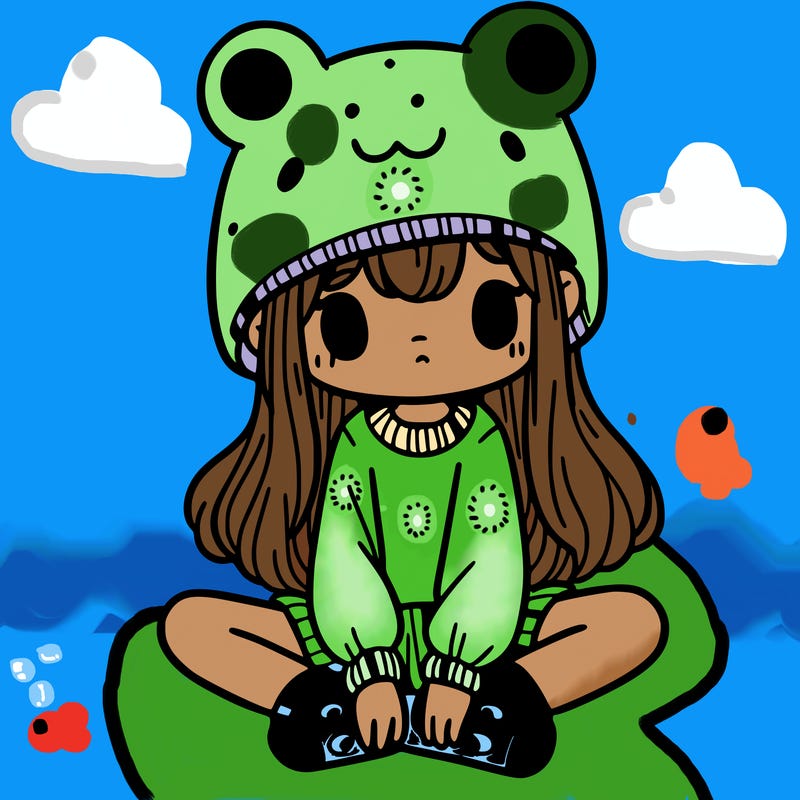 a girl wearing a frog hat and some frog socks
