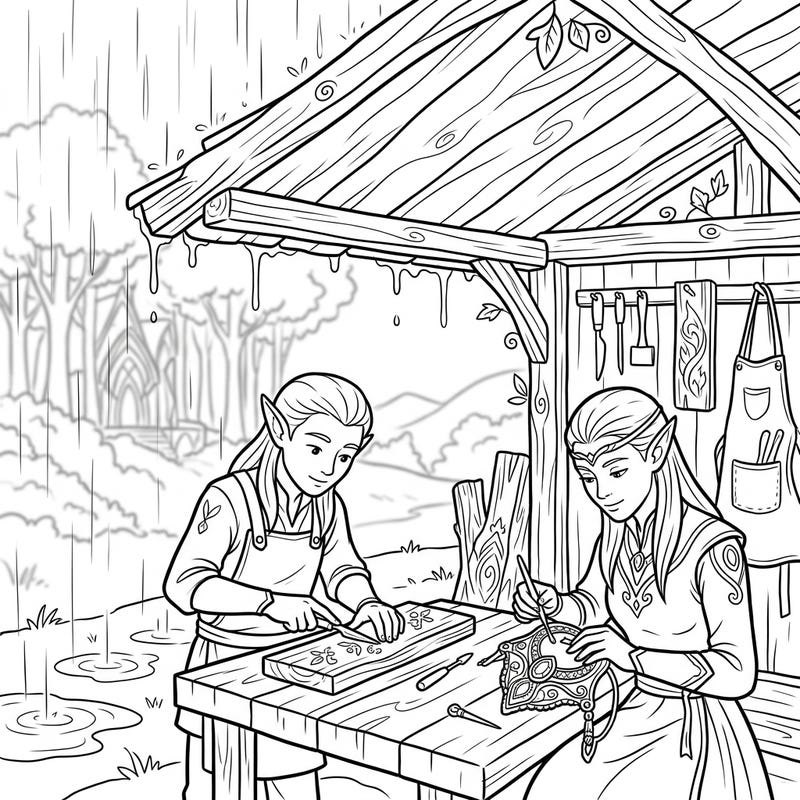 Discover the serene world of elven artisans as they practice their ancient crafts under the shelter of a cozy workshop on a rainy day. This delightful coloring page invites you to add vibrant life to their intricate creations and the tranquil forest setting.