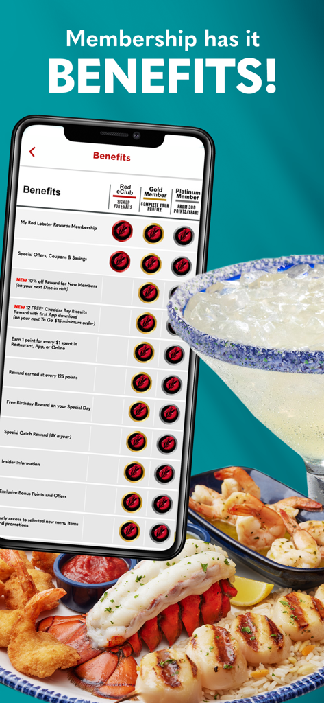 Red Lobster Dining Rewards app interface showing membership benefits and tiers