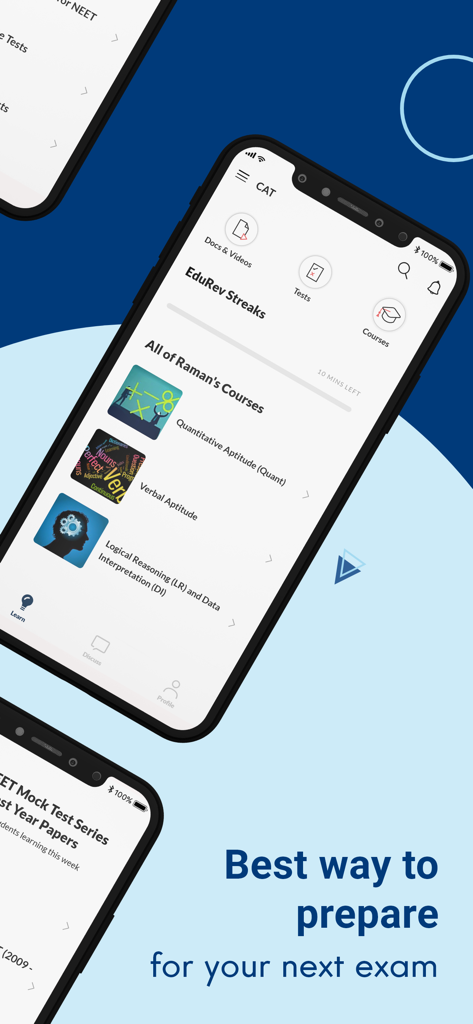 EduRev app interface showing CAT exam preparation courses including Quantitative Aptitude and Verbal Aptitude