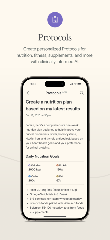 Function Health app screen showing a personalized nutrition plan protocol with daily goals based on lab results