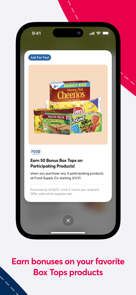 Box Tops for Education 앱: Cheerios 및 Nature Valley와 같은 참여 제품 구매 시 50개 추가 Box Top 적립 보너스 제안 표시