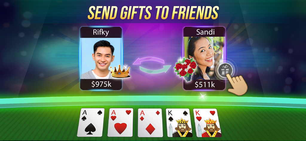 Texas Hold'em Poker Online - Uno screenshot di Texas Holdem Poker Online che mostra la funzione di invio regali agli amici con avatar dei giocatori e carte da poker