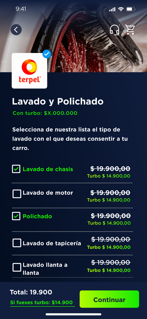 Schermata di selezione dei servizi di lavaggio e lucidatura auto nell'app Alfred