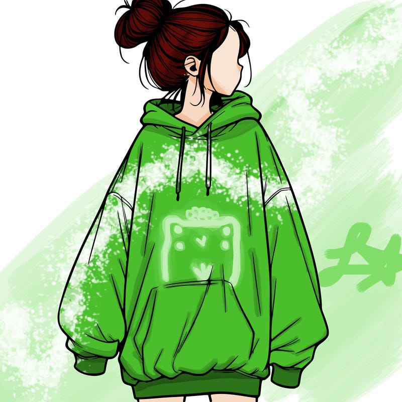 realistic girl with a oversized sweatshirt on and a bun