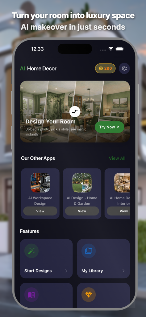 AI Home Decor : Room Makeover - Interface of the AI Home Decor app showing the dashboard with options to design rooms and view saved projects.