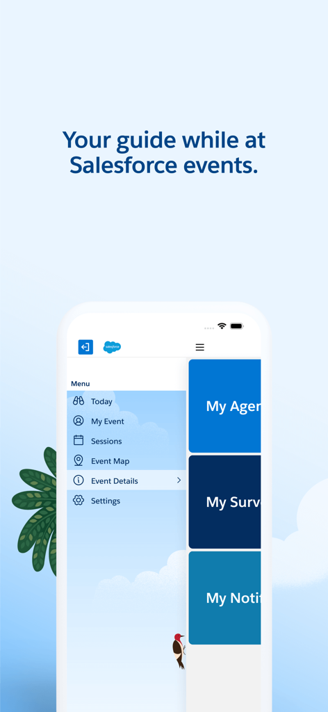Interface de l'application Salesforce Events montrant le menu de navigation pour les participants à la conférence