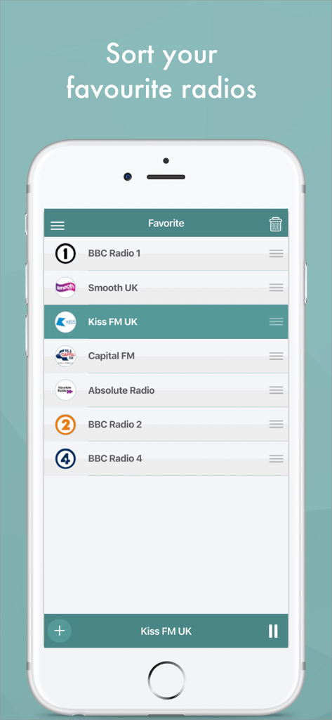 World Radio FM - Live Stations - A mobile app screen showing a list of favorite radio stations with a sorting feature