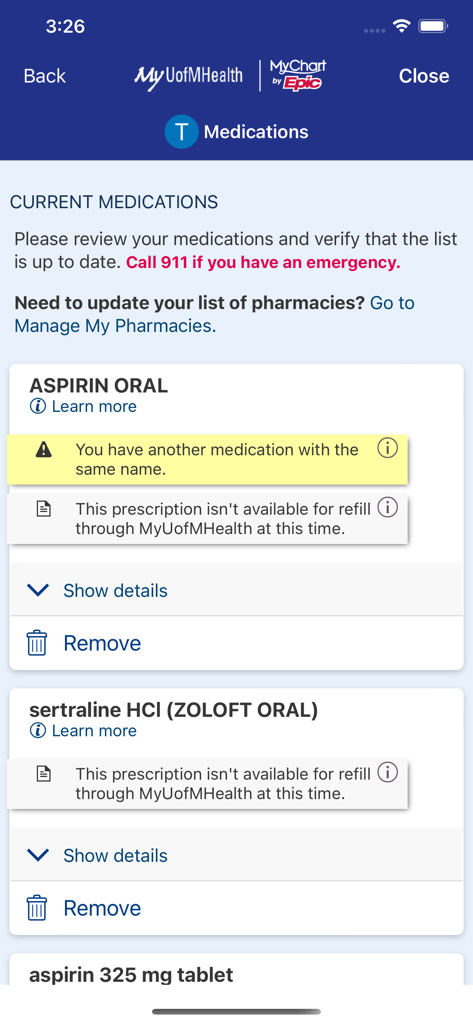 Screenshot of the MyUofMHealth app medications management screen showing current prescriptions.