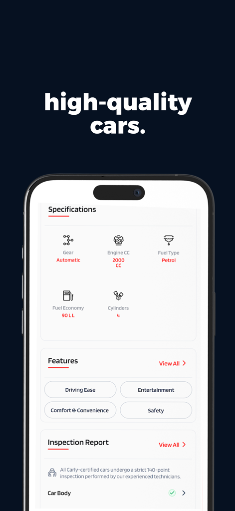 A smartphone screen displaying car specifications, features, and inspection report in the Carly app.