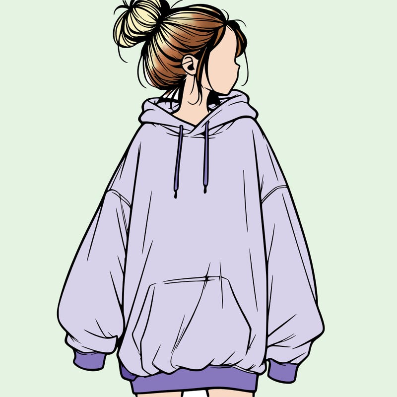 realistic girl with a oversized sweatshirt on and a bun
