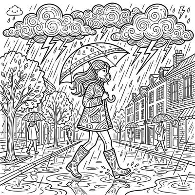 Immerse yourself in the drama of a sudden thunderstorm with this captivating rainy day coloring page. Featuring a detailed city street scene with a person walking under an umbrella, it promises a truly engaging coloring experience for all ages.