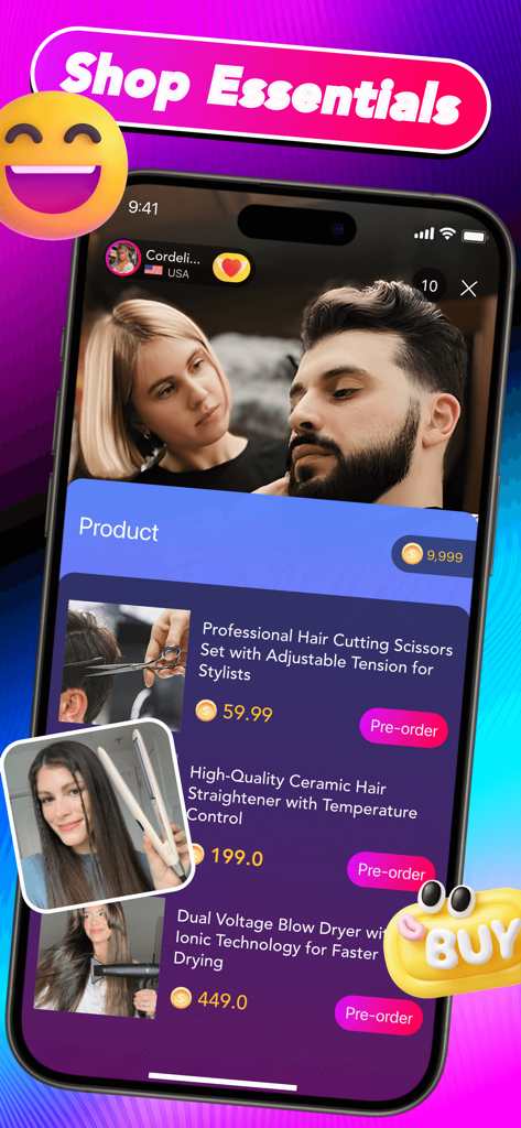 Interface of the Omiva app showing a live beauty tutorial with a list of professional hair products available for purchase