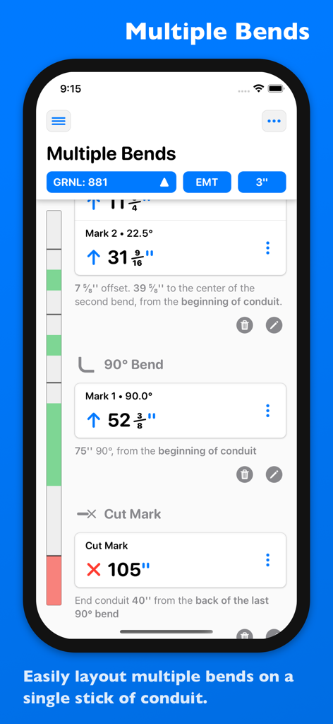 Interface of QuickBend app showing layout and measurements for multiple bends on a single stick of conduit.