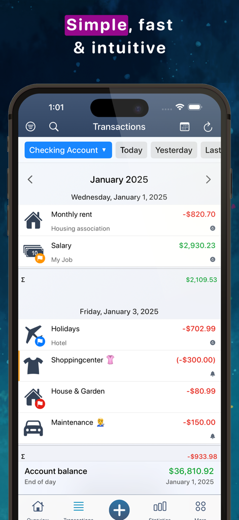 MoneyStats - Budget Planner - iPhone screenshot of MoneyStats app showing daily transaction tracking and monthly budget overview.