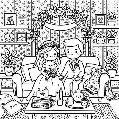 Celebrate everlasting love and cozy comfort with this charming Kawaii Wedding Hygge coloring page. An adorable newlywed couple enjoys a heartwarming moment in their beautifully decorated home.
