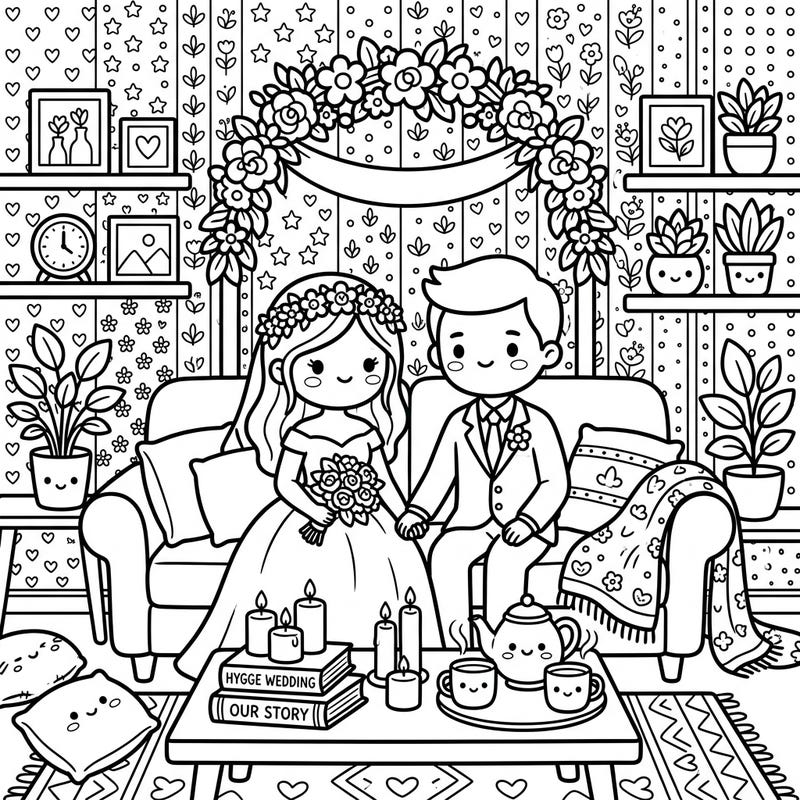 Celebrate everlasting love and cozy comfort with this charming Kawaii Wedding Hygge coloring page. An adorable newlywed couple enjoys a heartwarming moment in their beautifully decorated home.