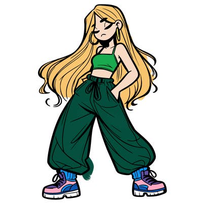 girl in baggy pants crop top and long hair