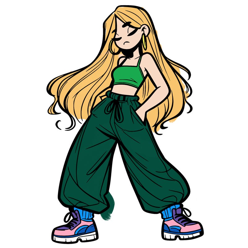 girl in baggy pants crop top and long hair