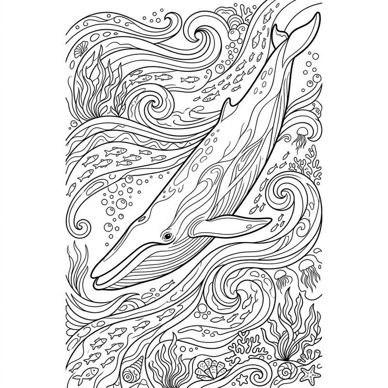 Immerse yourself in the deep blue with this captivating Fin Whale bookmark coloring page. Featuring a magnificent fin whale surrounded by a vibrant underwater scene, it's perfect for marking your favorite books.