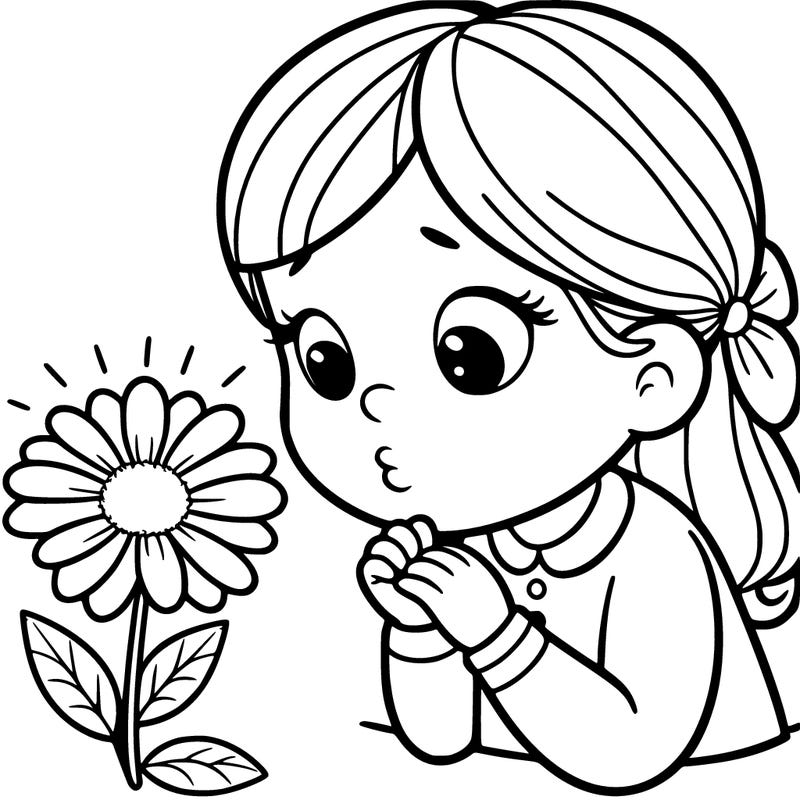 girl looking at flower