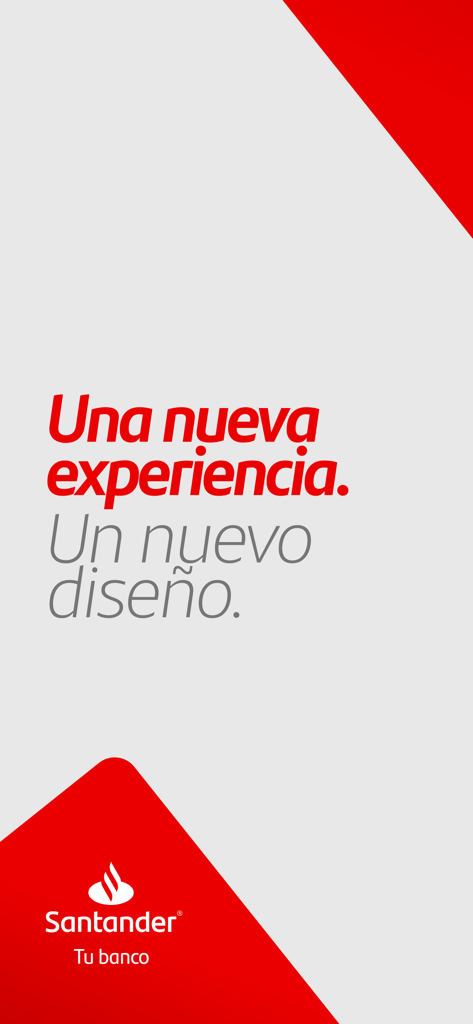 Santander PASS cl app splash screen showing the new design text and bank logo