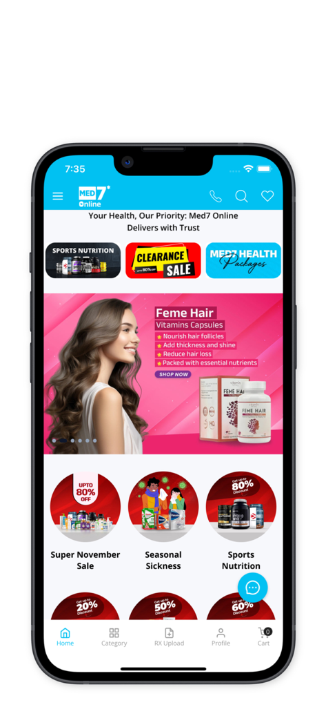 MED7 Online - MED7 Online pharmacy app home screen displaying health products and promotional offers