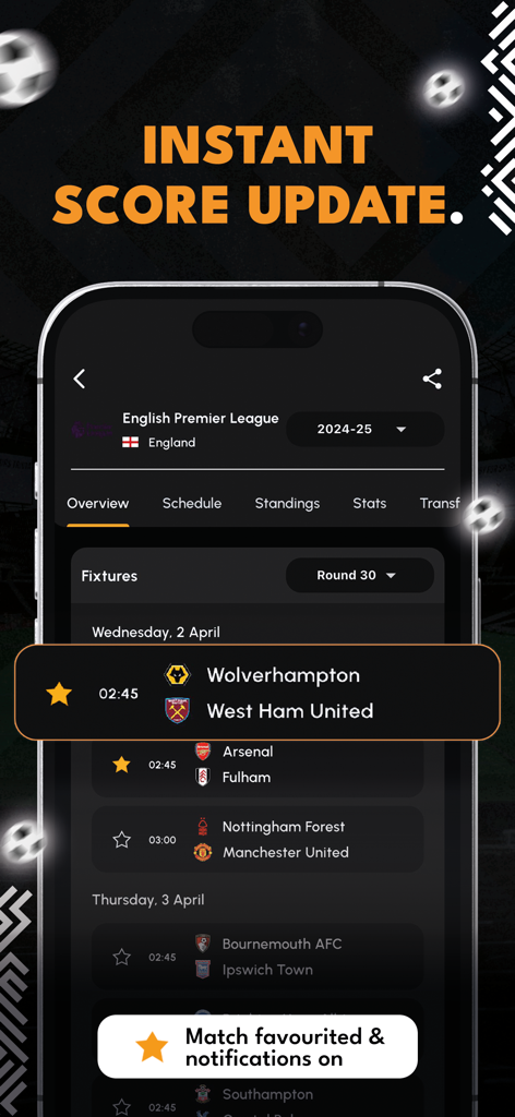 IGScore - Live Sports Score - IGScore app screen showing English Premier League soccer fixtures and live match notifications