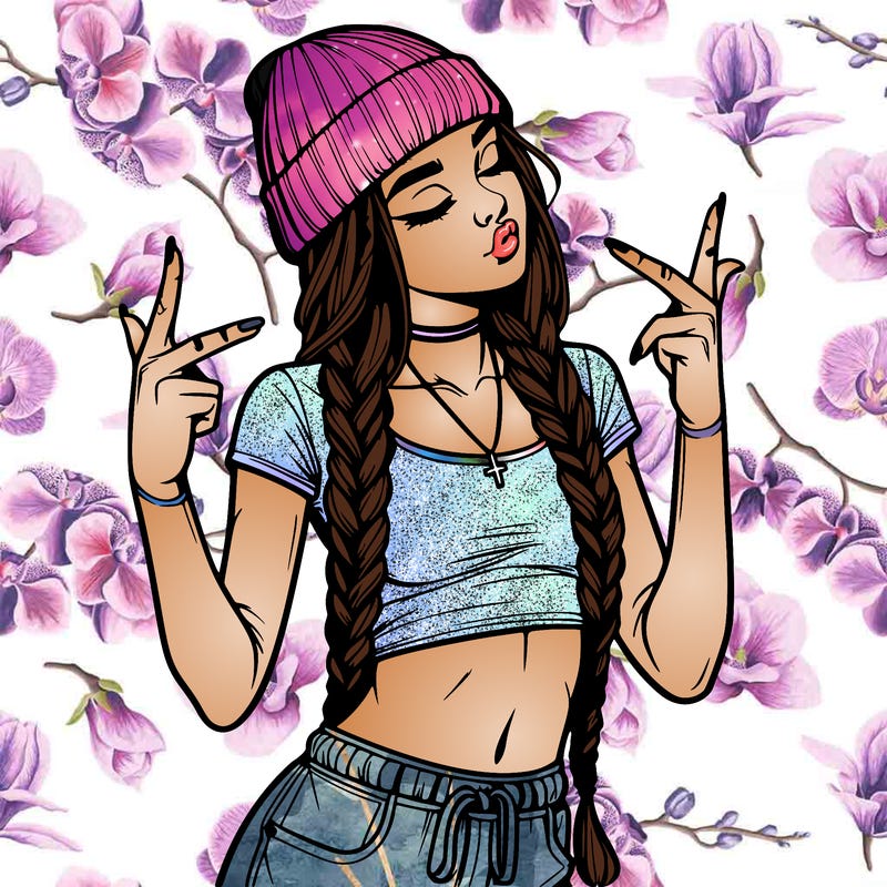 realistic teenage girl with braids and a beanie and crop top doing 🫶🏼