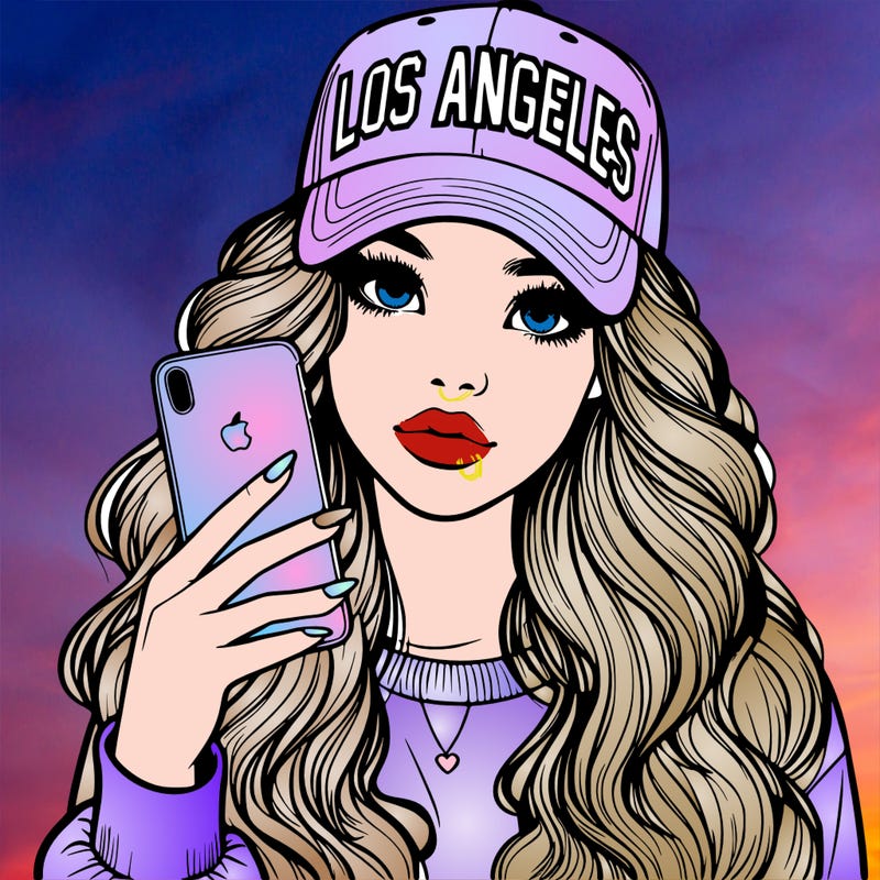 realistic beautiful girl wearing los ángeles cap holding an iphone