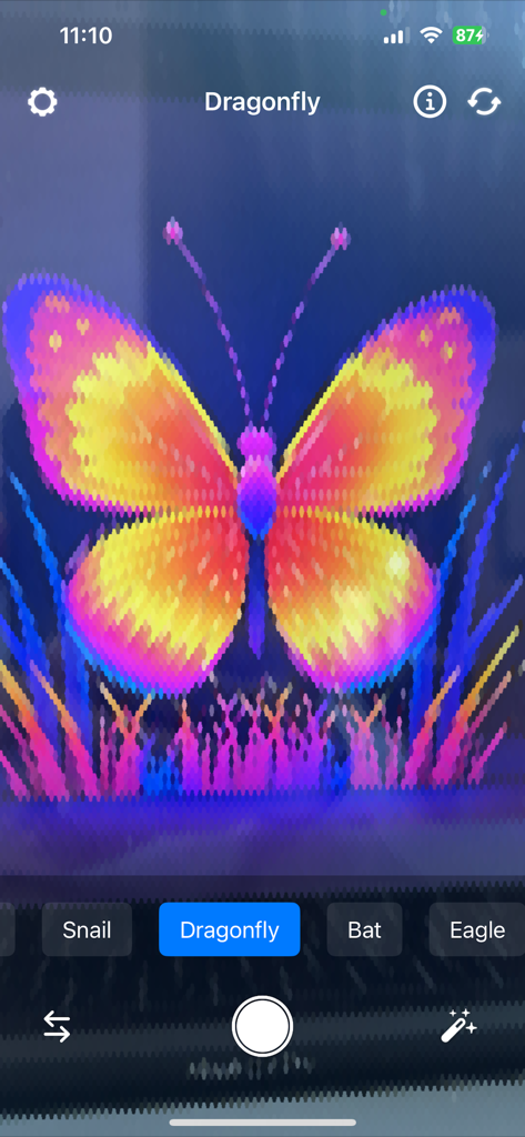 EyeShift mobile app interface showing a dragonfly vision simulation of a colorful butterfly