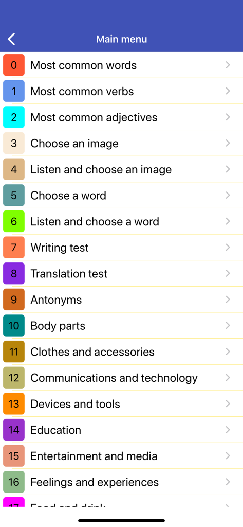 아랍어 단어 및 문구 앱의 메인 메뉴로, 학습 주제 목록이 표시됩니다.