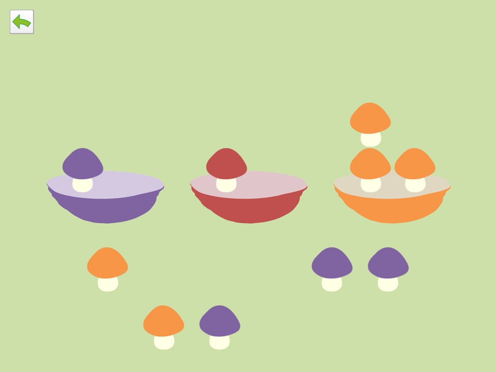 PreNumbers PRO - Color sorting activity in PreNumbers PRO with purple red and orange mushrooms and matching baskets