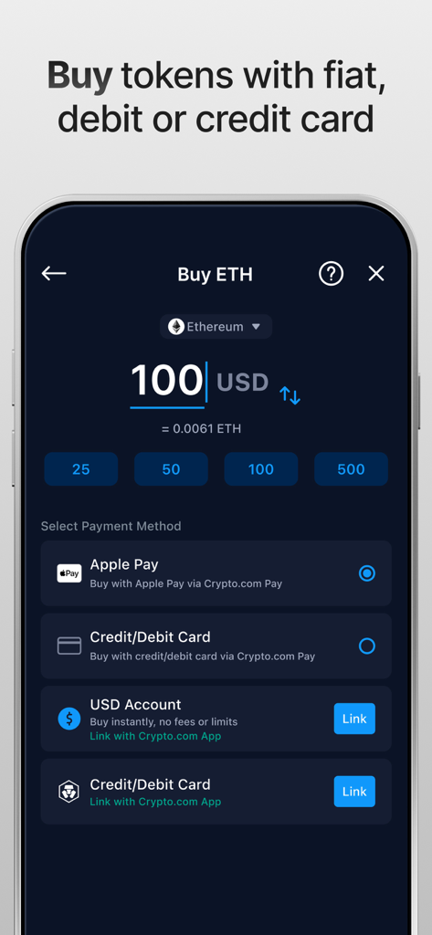 Screen showing the purchase of Ethereum with fiat currency or credit card in the Crypto.com Onchain Wallet app