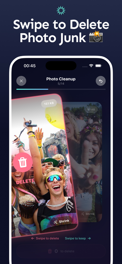 Clean Up app interface showing the swipe to delete feature for managing iPhone photo storage