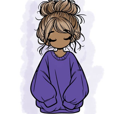 girl with baggy sweatshirt and messy bun