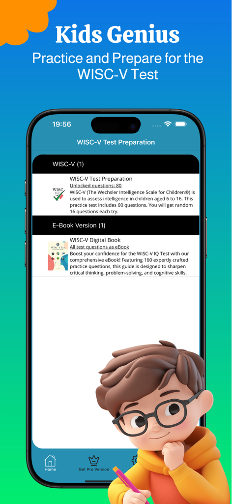 WISC-V Test Preparation Pro mobile app interface showing practice test sections and a digital book option for IQ test prep.