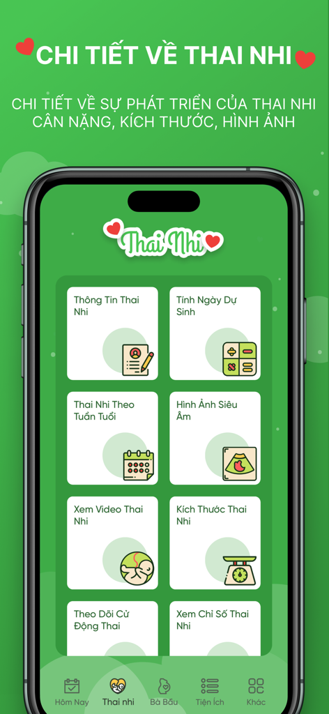 Con Yêu - App Cho Mẹ Và Bé - Schermata dell'app Con Yeu che mostra le opzioni di monitoraggio dello sviluppo fetale in vietnamita
