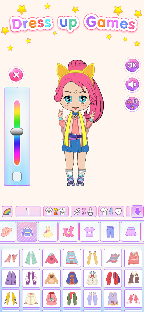 Chibi Maker: Dress Up Games - A pink haired chibi character in a dress up game interface with various clothing options and a color slider