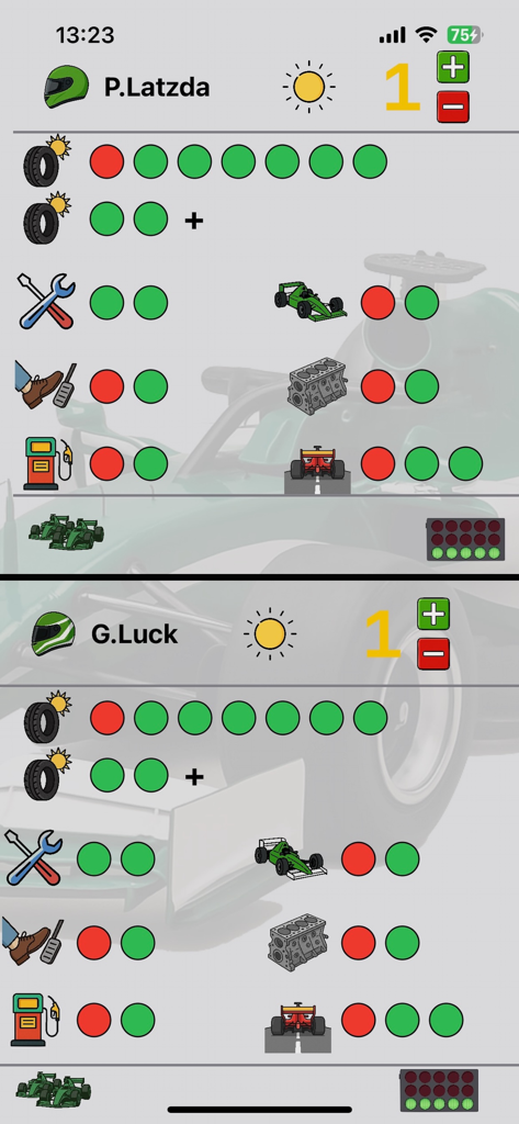 FormulaDE - Digital dashboard for two drivers in FormulaDE app showing car status and wear points