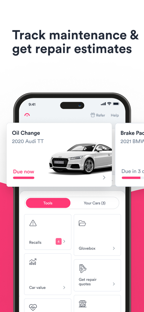 Jerry: Insurance & Car Care - Jerry 앱의 인터페이스로 Audi TT의 정기 점검 추적기와 자동차 수리 견적 받기 옵션 표시