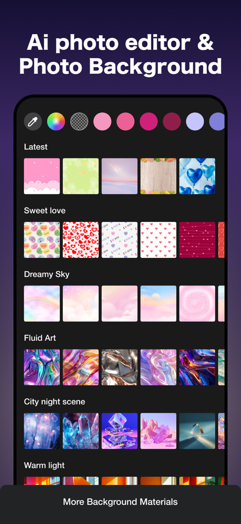 Picsoft AI Photo Editor - Oberfläche, die verschiedene ästhetische Hintergrundkategorien und eine Farbauswahl in Picsoft KI-Fotobearbeitung zeigt