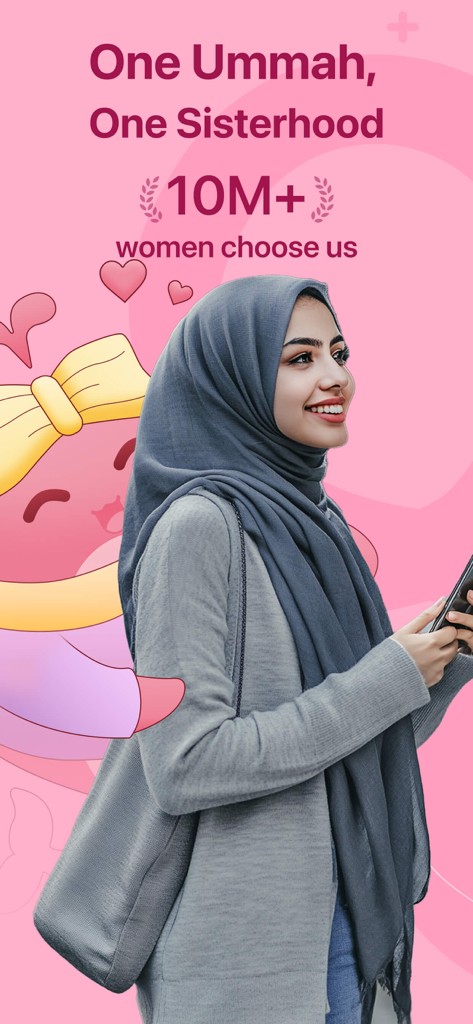 A smiling woman wearing a hijab holding a smartphone with text reading One Ummah One Sisterhood 10M plus women choose us