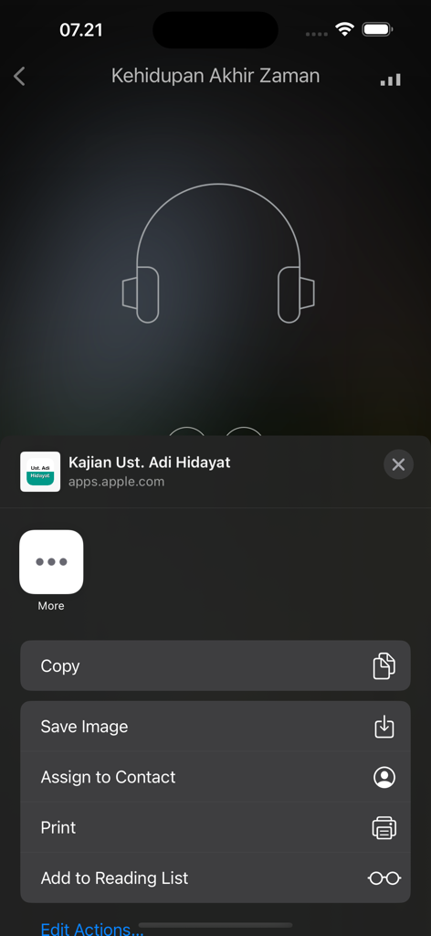 Kajian Ust. Adi Hidayat - Audio player screen of the Kajian Ust Adi Hidayat app with a headphone icon and iOS share menu