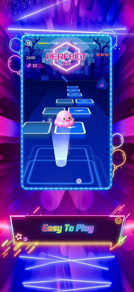 Music Hop EDM Rush - A pink octopus character jumping on glowing blue magic tiles in Music Hop EDM Rush.